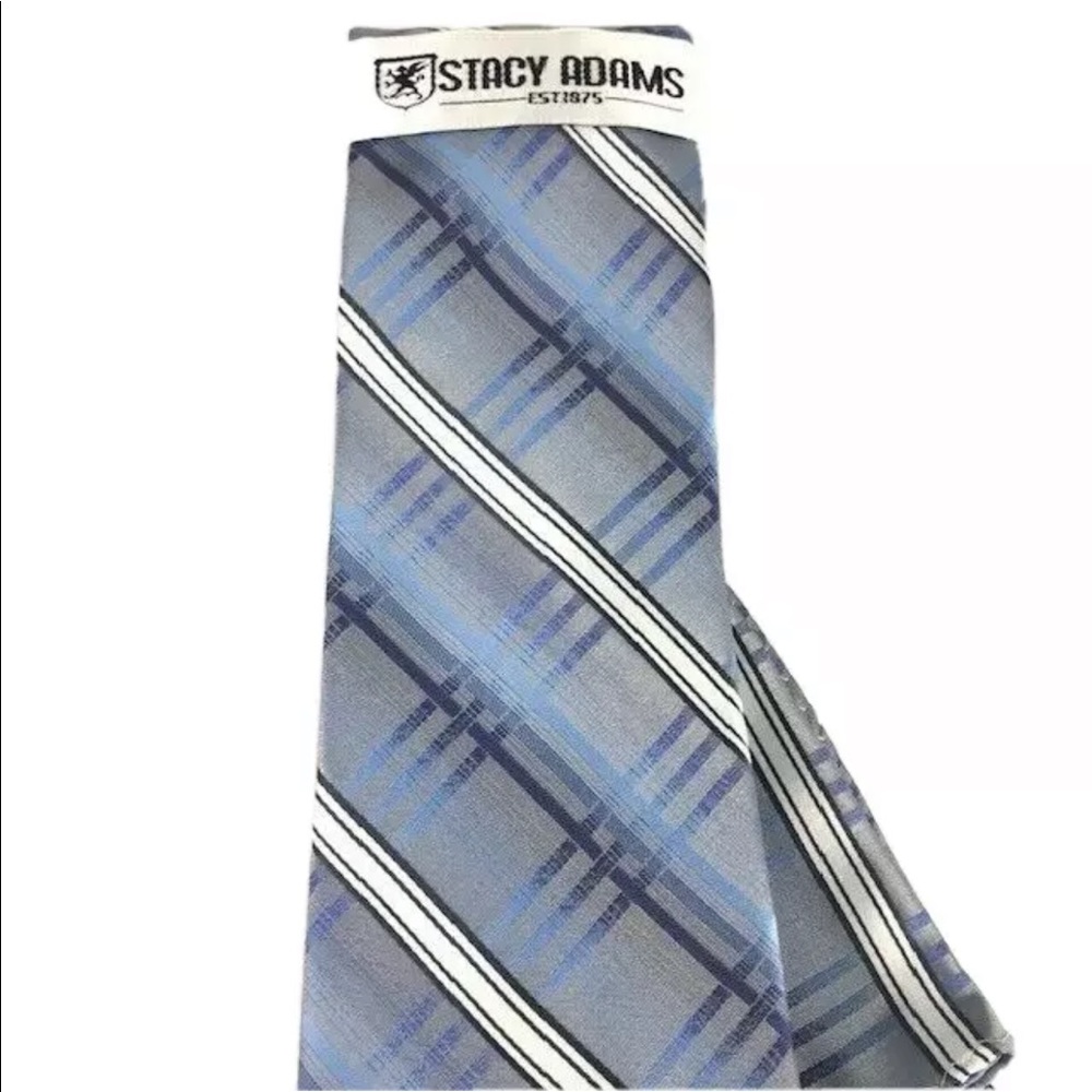 Stacy Adams Men's Tie Hanky Set Navy Blue Cobalt Blue White Black Stripes 3.5" - Picture 4 of 4